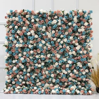 Pink, Cream & Blue Wild Rose Premium Flower Wall - 174